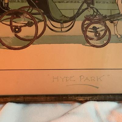 "Hyde Park" Lady drives the horses with the gentleman in back, poodle, 13"H 22"W framed