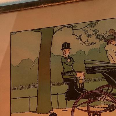 "Hyde Park" Lady drives the horses with the gentleman in back, poodle, 13"H 22"W framed
