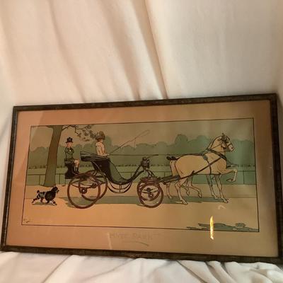 "Hyde Park" Lady drives the horses with the gentleman in back, poodle, 13"H 22"W framed
