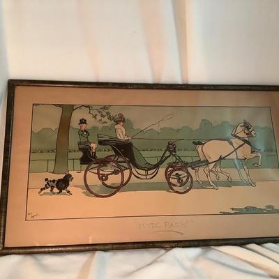 "Hyde Park" Lady drives the horses with the gentleman in back, poodle, 13"H 22"W framed