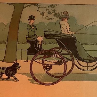 "Hyde Park" Lady drives the horses with the gentleman in back, poodle, 13"H 22"W framed