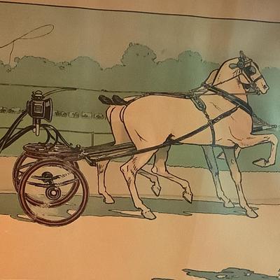 "Hyde Park" Lady drives the horses with the gentleman in back, poodle, 13"H 22"W framed