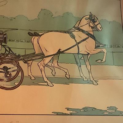 "Hyde Park" Lady drives the horses with the gentleman in back, poodle, 13"H 22"W framed