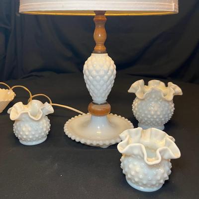 Hobnail Milk Glass Lamp, Vases & Dishes (M-RG)
