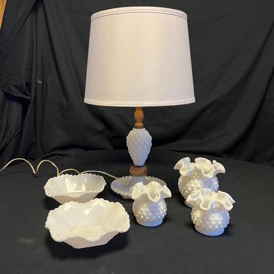 Hobnail Milk Glass Lamp, Vases & Dishes (M-RG)