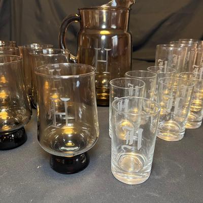 Monogrammed â€˜Hâ€™ Glasses, Coasters & Pitcher (M-RG)