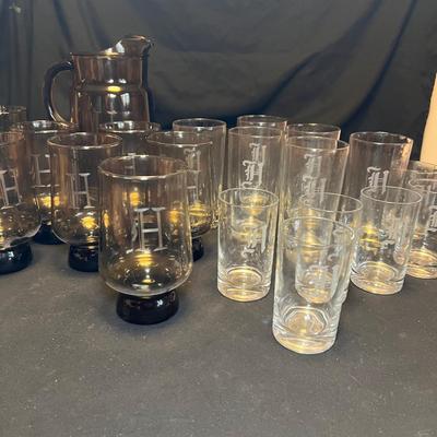 Monogrammed â€˜Hâ€™ Glasses, Coasters & Pitcher (M-RG)