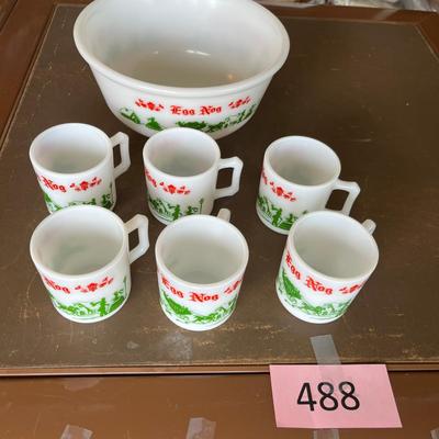 Hazel Atlas 1950s Egg Nog Punch bowl and mugs
