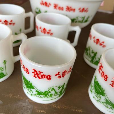 Hazel Atlas 1950s Egg Nog Punch bowl and mugs