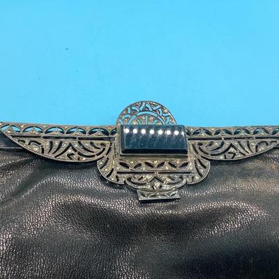 Vintage leather evening bag with Sterling Silver and Black Onyx Decoration, inside coin twist clasp pouch and pocket