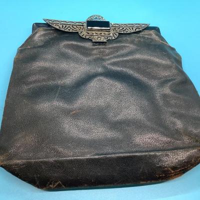 Vintage leather evening bag with Sterling Silver and Black Onyx Decoration, inside coin twist clasp pouch and pocket