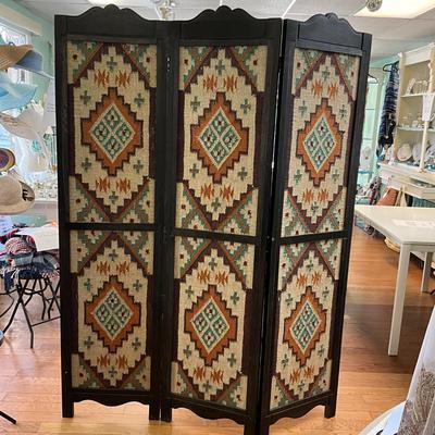 006 Southwestern Design Fabric and Wood Privacy Folding Screen
