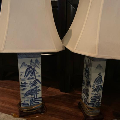Two Blue and White Japanese Landscape Porcelain Lamps