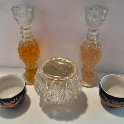 Avon bottles, vintage Paden City Pottery plate and peacock bowls