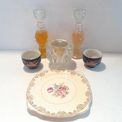 Avon bottles, vintage Paden City Pottery plate and peacock bowls