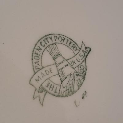 Avon bottles, vintage Paden City Pottery plate and peacock bowls