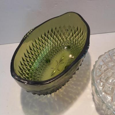 Indiana Glass Co. Green glass flower dish and footed bowl with Lidded clear glass candy dish