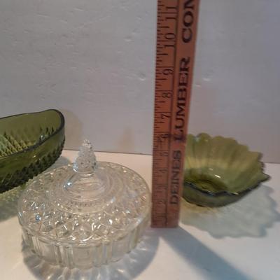 Indiana Glass Co. Green glass flower dish and footed bowl with Lidded clear glass candy dish
