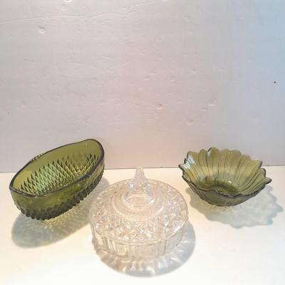 Indiana Glass Co. Green glass flower dish and footed bowl with Lidded clear glass candy dish