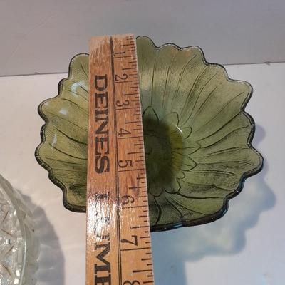 Indiana Glass Co. Green glass flower dish and footed bowl with Lidded clear glass candy dish