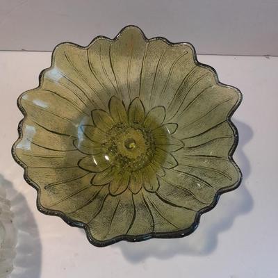 Indiana Glass Co. Green glass flower dish and footed bowl with Lidded clear glass candy dish