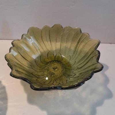 Indiana Glass Co. Green glass flower dish and footed bowl with Lidded clear glass candy dish