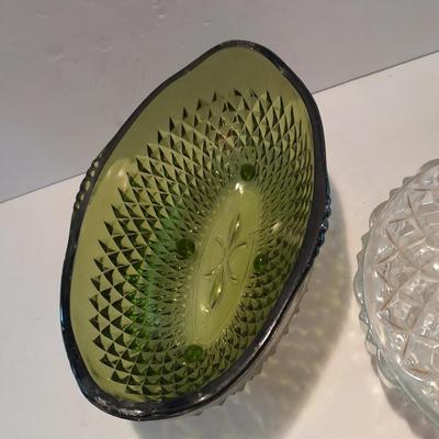 Indiana Glass Co. Green glass flower dish and footed bowl with Lidded clear glass candy dish