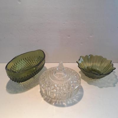 Indiana Glass Co. Green glass flower dish and footed bowl with Lidded clear glass candy dish