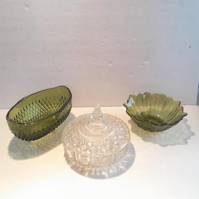 Indiana Glass Co. Green glass flower dish and footed bowl with Lidded clear glass candy dish