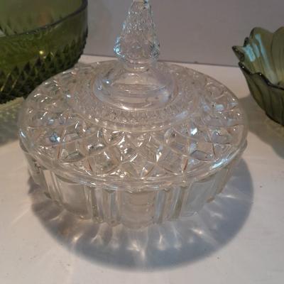 Indiana Glass Co. Green glass flower dish and footed bowl with Lidded clear glass candy dish