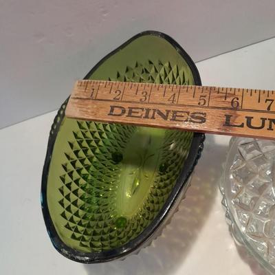 Indiana Glass Co. Green glass flower dish and footed bowl with Lidded clear glass candy dish