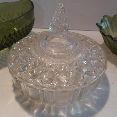 Indiana Glass Co. Green glass flower dish and footed bowl with Lidded clear glass candy dish
