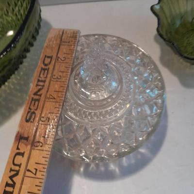 Indiana Glass Co. Green glass flower dish and footed bowl with Lidded clear glass candy dish