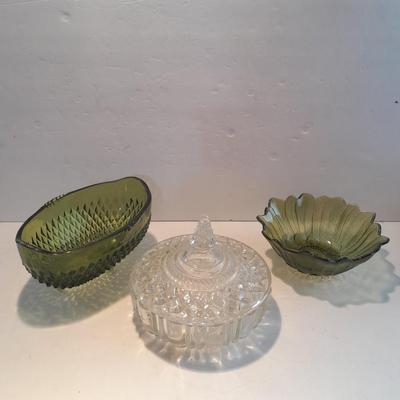 Indiana Glass Co. Green glass flower dish and footed bowl with Lidded clear glass candy dish