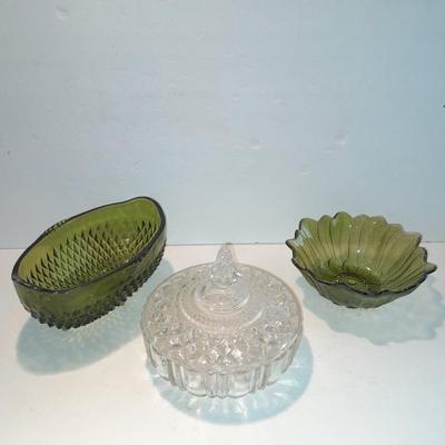 Indiana Glass Co. Green glass flower dish and footed bowl with Lidded clear glass candy dish