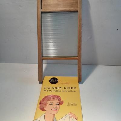 Antique Glass Lingerie Washboard, and Sears Kenmore Laundry Guide booklet