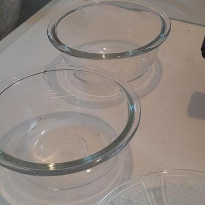 Antique Good Housekeeping bowl with KIG Daisy and Cane Pattern Depression Glass 6â€ Plates and Anchor Hocking 10-ounce bowls.