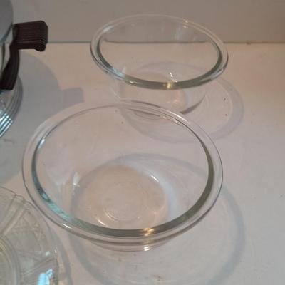 Antique Good Housekeeping bowl with KIG Daisy and Cane Pattern Depression Glass 6â€ Plates and Anchor Hocking 10-ounce bowls.