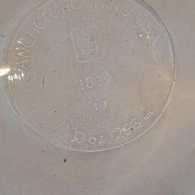 Antique Good Housekeeping bowl with KIG Daisy and Cane Pattern Depression Glass 6â€ Plates and Anchor Hocking 10-ounce bowls.