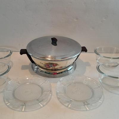 Antique Good Housekeeping bowl with KIG Daisy and Cane Pattern Depression Glass 6â€ Plates and Anchor Hocking 10-ounce bowls.