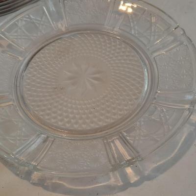 Antique Good Housekeeping bowl with KIG Daisy and Cane Pattern Depression Glass 6â€ Plates and Anchor Hocking 10-ounce bowls.