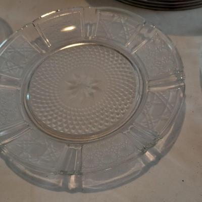 Antique Good Housekeeping bowl with KIG Daisy and Cane Pattern Depression Glass 6â€ Plates and Anchor Hocking 10-ounce bowls.