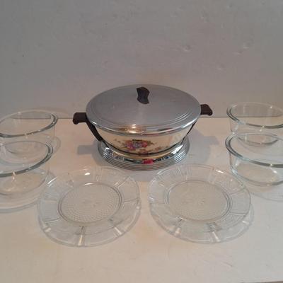 Antique Good Housekeeping bowl with KIG Daisy and Cane Pattern Depression Glass 6â€ Plates and Anchor Hocking 10-ounce bowls.