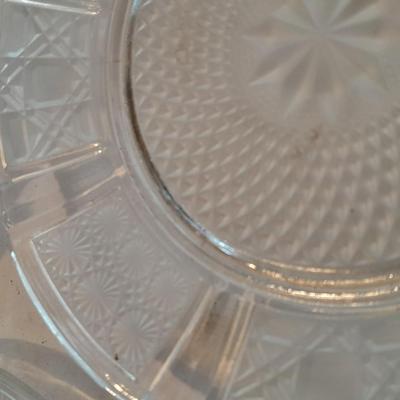 Antique Good Housekeeping bowl with KIG Daisy and Cane Pattern Depression Glass 6â€ Plates and Anchor Hocking 10-ounce bowls.