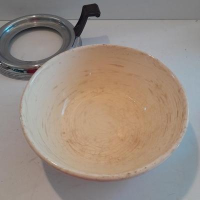 Antique Good Housekeeping bowl with KIG Daisy and Cane Pattern Depression Glass 6â€ Plates and Anchor Hocking 10-ounce bowls.