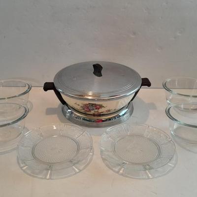 Antique Good Housekeeping bowl with KIG Daisy and Cane Pattern Depression Glass 6â€ Plates and Anchor Hocking 10-ounce bowls.