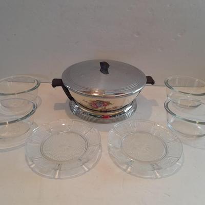 Antique Good Housekeeping bowl with KIG Daisy and Cane Pattern Depression Glass 6â€ Plates and Anchor Hocking 10-ounce bowls.