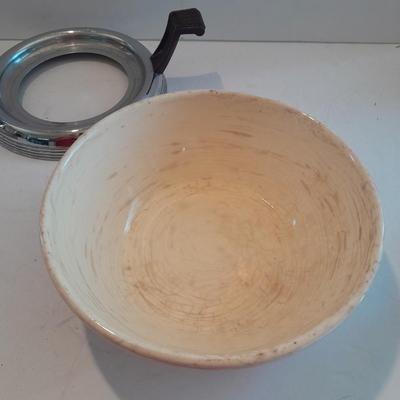 Antique Good Housekeeping bowl with KIG Daisy and Cane Pattern Depression Glass 6â€ Plates and Anchor Hocking 10-ounce bowls.