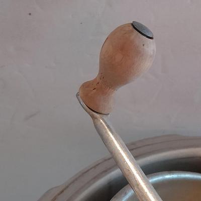 Complete Vintage MIRRO-MATIC Aluminum 4 Qt Pressure Cooker with wood handled Foley Food mill