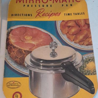 Complete Vintage MIRRO-MATIC Aluminum 4 Qt Pressure Cooker with wood handled Foley Food mill